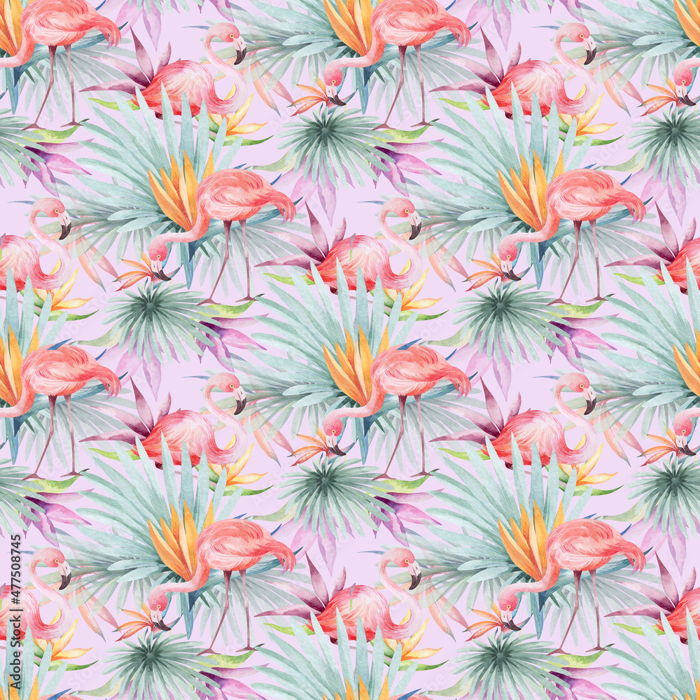 Fototapeta watercolor seamless pattern. floral background tropical blooming flowers and leaves. Plants and flowers of Australia. for fabric, textile, roll wallpaper, design, cards, invitations, stickers, wedding