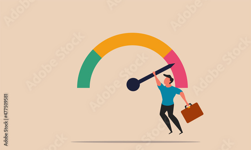 Businessman credit gauge and score money crisis. Bankruptcy man on arrow indicator finance vector illustration concept. Investor loss company after crisis and risk business collapse. People with debt