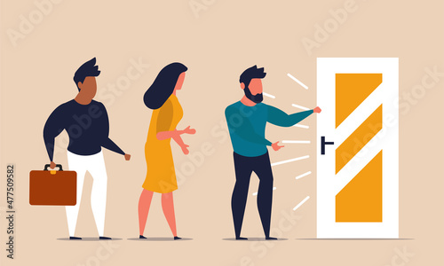 Hiring job apply and interview after the coronavirus pandemic. People recover work and reopen vacancy vector illustration concept. Human jobless and people search new offer. Unemployed after crisis