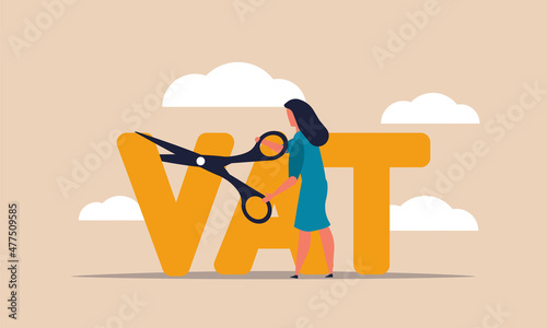 Vat economic budget after coronavirus and money taxes. Woman with scissors cutting income cash vector illustration concept. People refund value and percent business. Commission tax and debt reduce