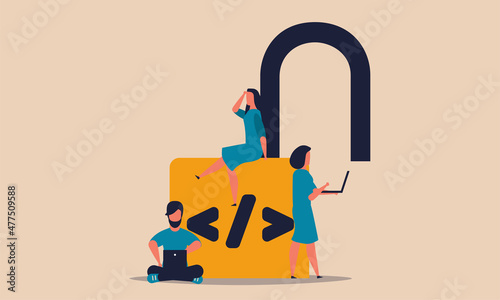 Open source code and programming online. People on lock support office system and analysis software vector illustration concept. Man and woman network developer. Cooperation work and program datum