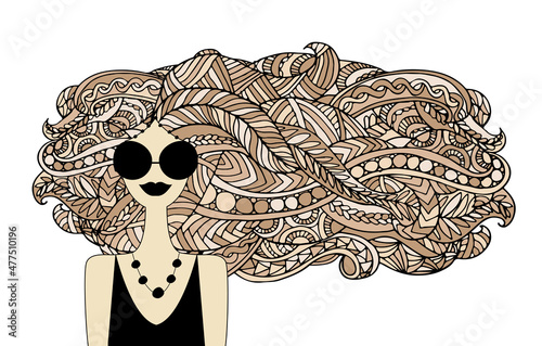 Floral female portrait, pretty woman in sunglasses. Design for fashion cards,...