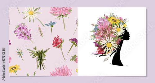 Floral female portrait, pretty woman in sunglasses. Design of greeting card