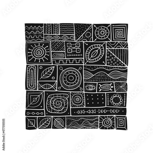Sewn pieces of fabric in a patchwork style. Ethnic Ornament for your design.
