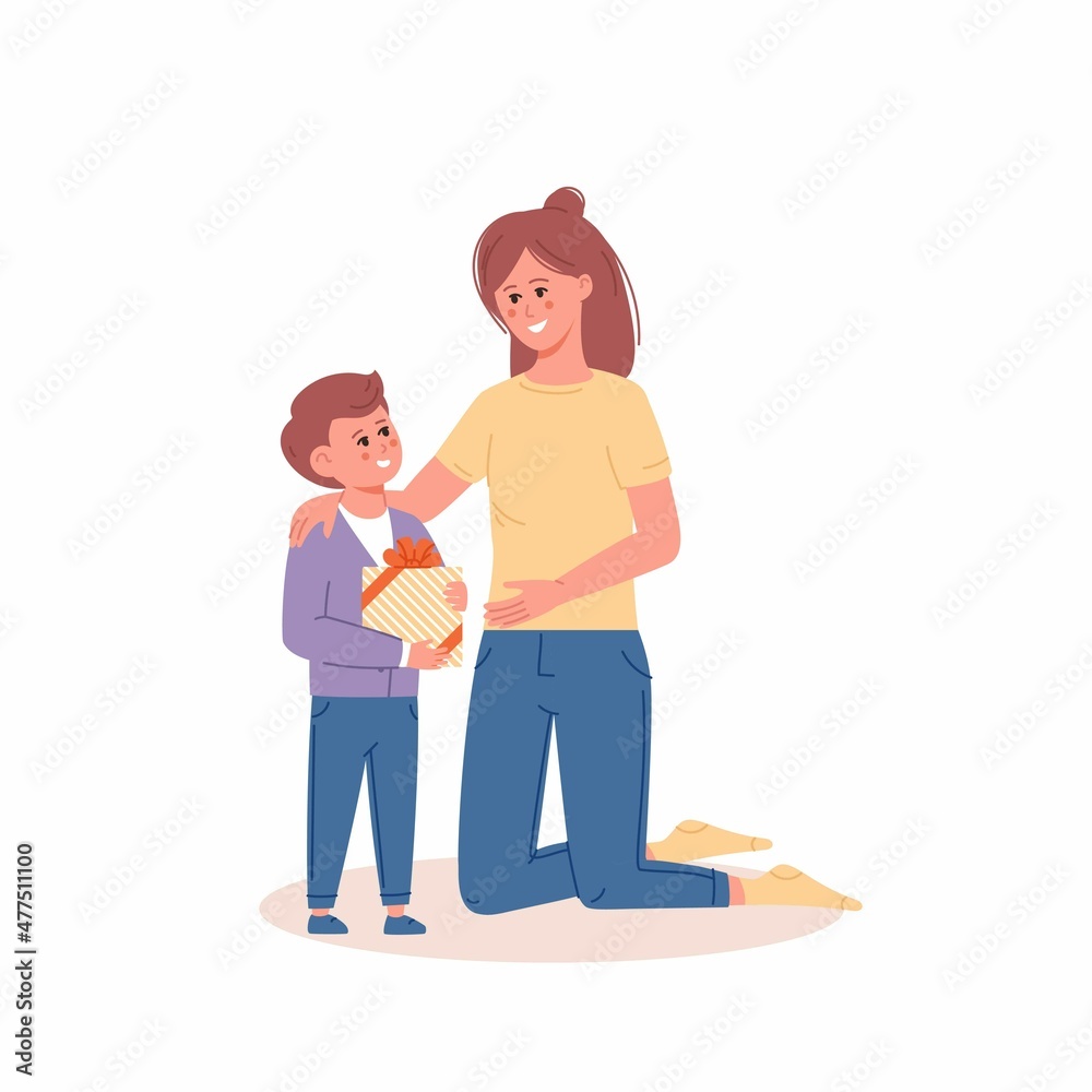 Mom hugging and giving gift to her son to birthday or holiday event. Mother giving a present box to son. Concept of family, care and love