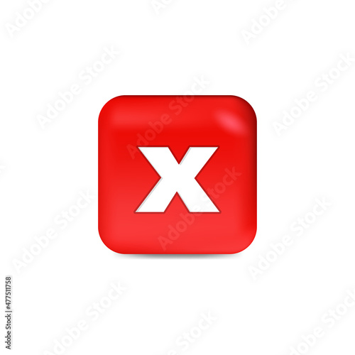 Red button with crossmark. 3d style vector illustration