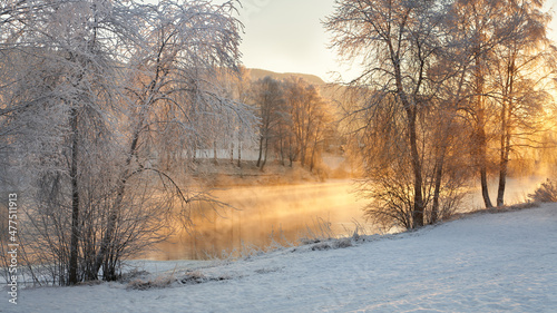 Sunrise over the river Hallingdalselva. Shot at Nesbyen, Norway. It is December and minus 20 degree outside. The water in the river is warmer than the air so therefor the smoke on the river. Frost.  © SteinOve