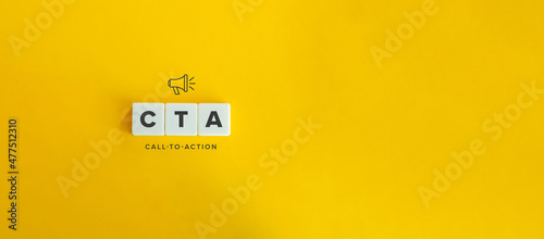 CTA (Call to Action) banner and concept. Block letters on bright orange background. Minimal aesthetics. photo