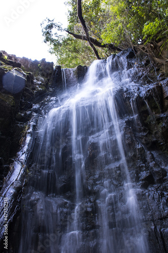 Cascada de piedra negra con vegetacion alrededor