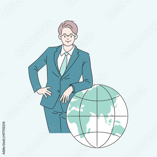 A business man standing leaning against a world map globe. A young and capable leader. Line style business vector, illustration