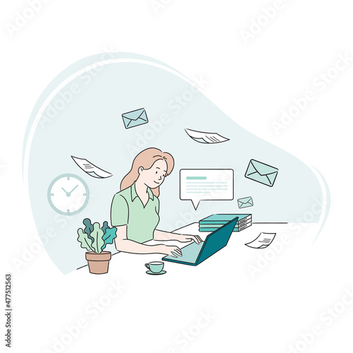 Business woman using laptop computer at desk. Email business concept. Line style business vector, illustration