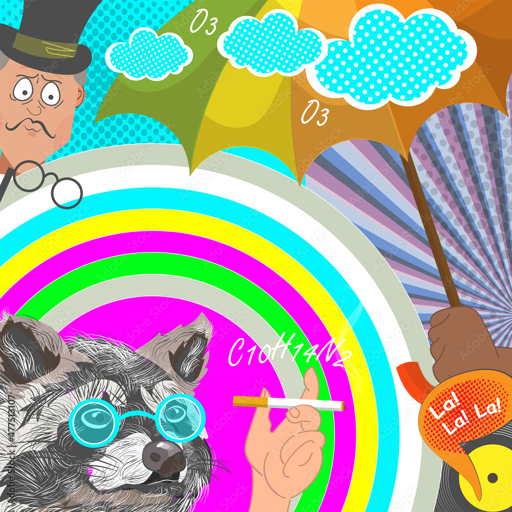 Collage of vector images in a modern style. Raccoon with glasses, a ...