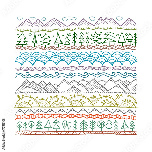Abstract Nature Pattern Frame for your design. Forest and Mountain icons. Eth...