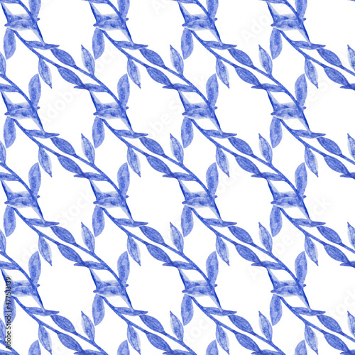 Fototapeta Naklejka Na Ścianę i Meble -  Seamless pattern with hand-drawn watercolor blue branches with leaves on white. Organic, natural, freshness concept for textile, print, etc.