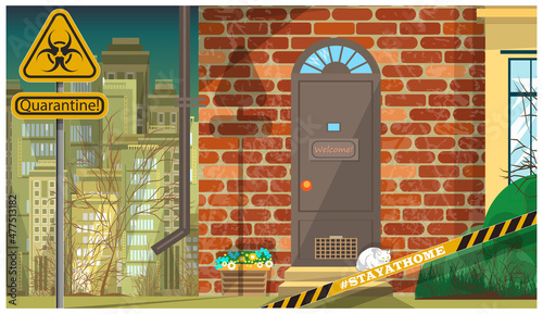 Porch of a small brick cottage with flowers and a white cat on the steps. Skyscrapers of the megalopolis are visible in the background