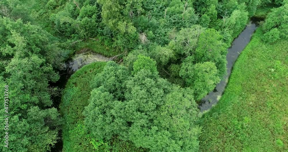 An aerial view of a small river meandering in the middle of green summertime nature.	
