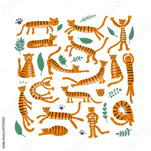 Collection of tigers and tropical leaves for your design