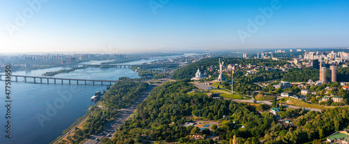 Aerial view of the Dnepr river in Kyiv near Mother Motherland monument. Beautiful scenic view of Kyiv.