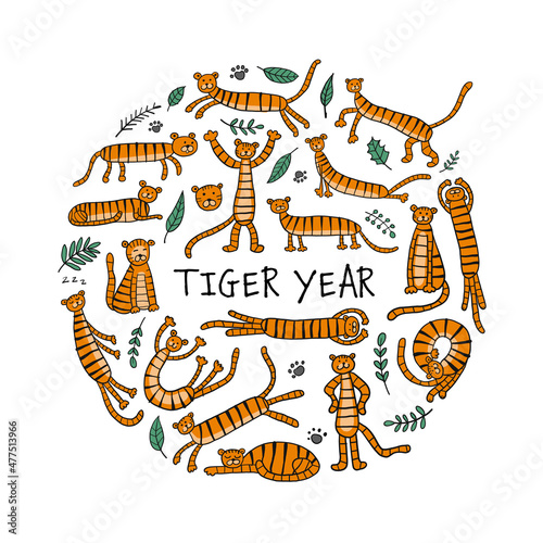 Funny Tigers Family, animal characters. Symbol of 2022 New Year. Design Templ...