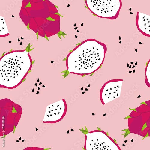 Simple seamless dragon fruit pattern on pink background. Illustration of exotic tropical pithai. Fashionable print for textiles, wallpaper and packaging.