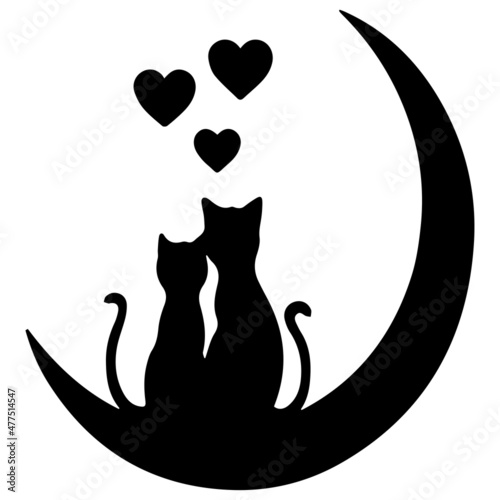 two cats  silhouettes in love sitting on the moon
