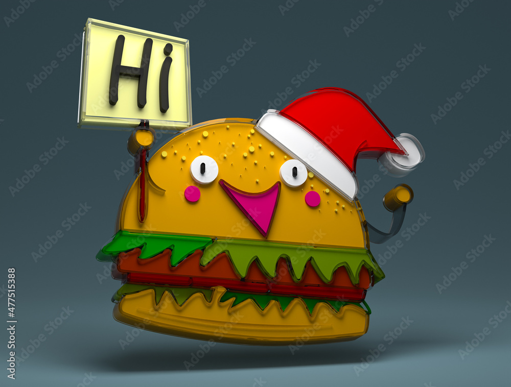 Obraz premium A cheerful hamburger on a gray blue isolated background in a New Year's red hat. He holds a sign in his hands. Sandwich, fast food. 3D Render