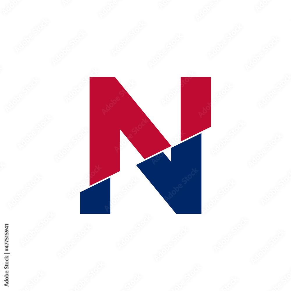 Initial Letter N Blue and Red Logo. Geometric Shapes Cut Style isolated on White Background