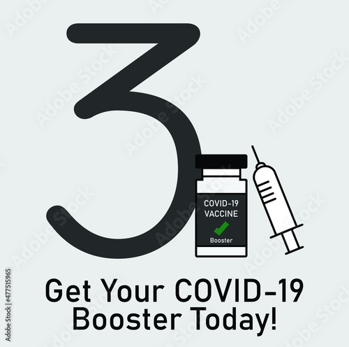 Vector for COVID-19 Booster shot showing vaccine bottle and needle and a big number 3 with message Get Your COVID-19 Booster Today. COVID-19 vaccination, protection, vaccine, 3rd dose.