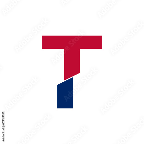Initial Letter T Blue and Red Logo. Geometric Shapes Cut Style isolated on White Background