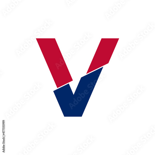Initial Letter V Blue and Red Logo. Geometric Shapes Cut Style isolated on White Background