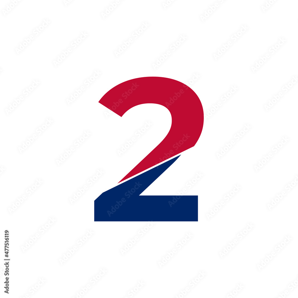 Number 2 Blue and Red Logo. Geometric Shapes Cut Style isolated on White Background Number 2 Blue and Red Logo. Geometric Shapes Cut Style isolated on White Background