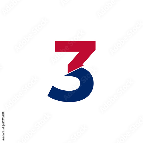 Number 3 Blue and Red Logo. Geometric Shapes Cut Style isolated on White Background