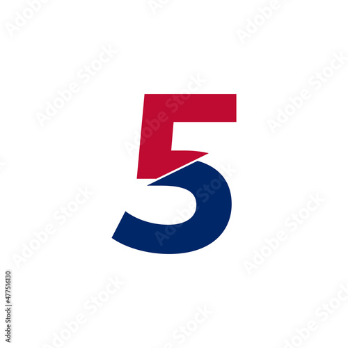 Number 5 Blue and Red Logo. Geometric Shapes Cut Style isolated on White Background