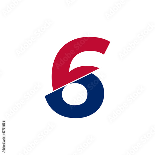 Number 6 Blue and Red Logo. Geometric Shapes Cut Style isolated on White Background