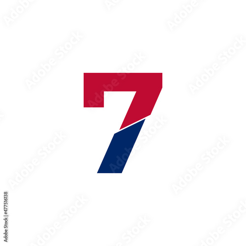 Number 7 Blue and Red Logo. Geometric Shapes Cut Style isolated on White Background