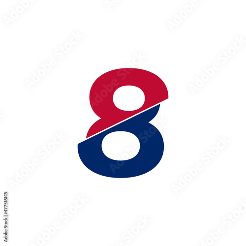 Number 8 Blue and Red Logo. Geometric Shapes Cut Style isolated on White Background