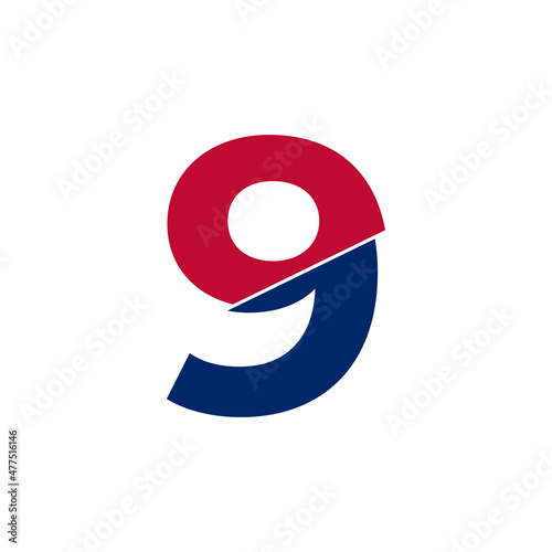 Number 9 Blue and Red Logo. Geometric Shapes Cut Style isolated on White Background