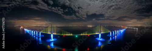 Drone panorama of Sunshine Skyway Bridge over Tampa Bay