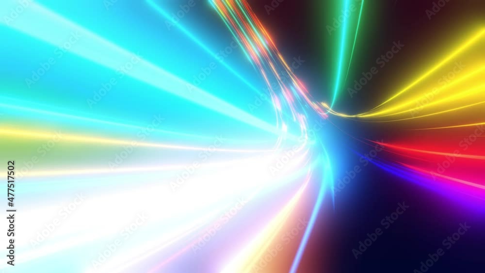 3d vj loop, abstract background with futuristic flow of multicolor glow lines. Light streaks fly pass camera or flight through data flow. Neon glowing rays in motionHi tech light flow. Speed of light.