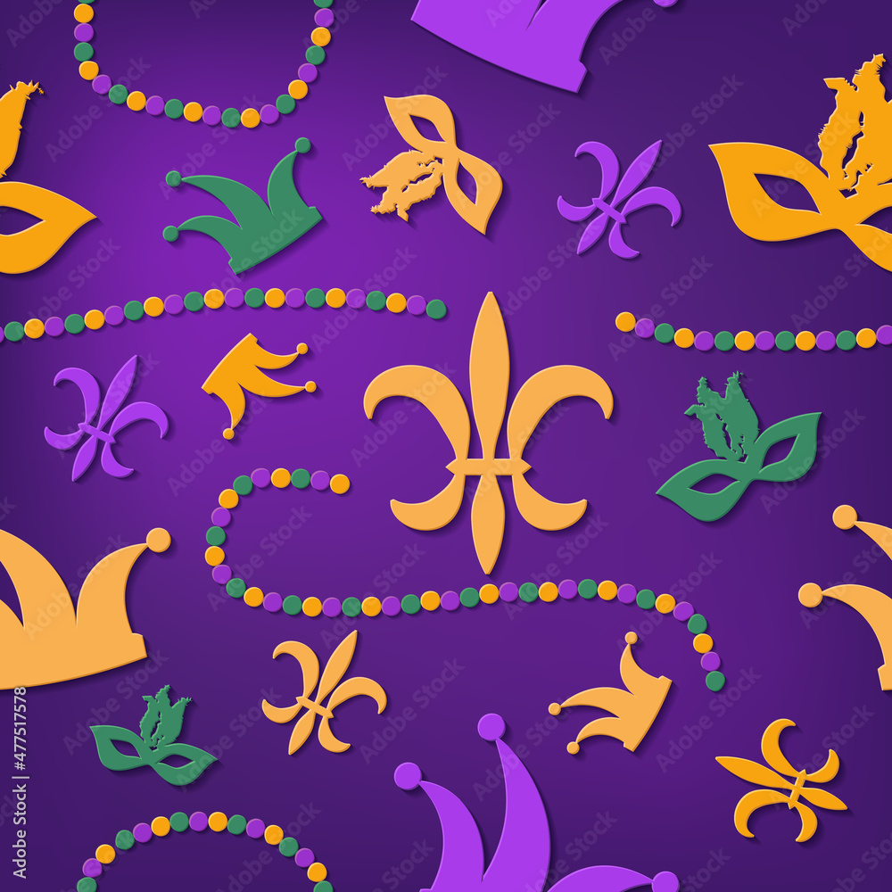Seamless Mardi Gras background with traditional paper cut style colors