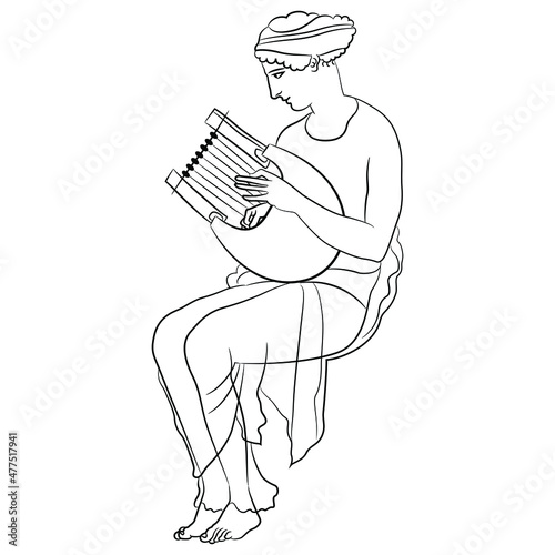 Sitting ancient Greek woman or muse playing the lyre. Vase painting style. Black and white linear silhouette.