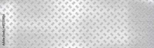 Diamond plate background. Wide metal texture. Silver industrial material. Shiny iron construction. Realistic steel sheet. Heavy metal panel. Vector illustration