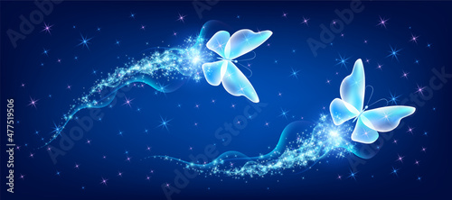 Fantasy delightful two butterflies with sparkle and blazing fairy trail flying in night sky among shiny glowing stars in cosmic space.