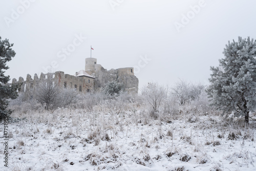 Rabsztyn Castle in Silesia Poland. Winter morning frost.