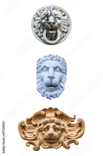 three plaster sculpture lions isolated on white background