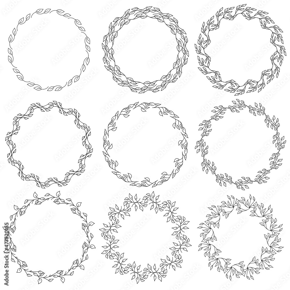 Set of round frames from doodle leaves, delicate outline wreaths for design Set of round frames from doodle leaves, delicate outline wreaths for design