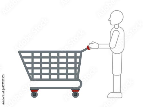 Avatar of a customer bot with shopping cart, robot mannequin pushes the shopping cart, character illustration of customer shopping habit concept in stores