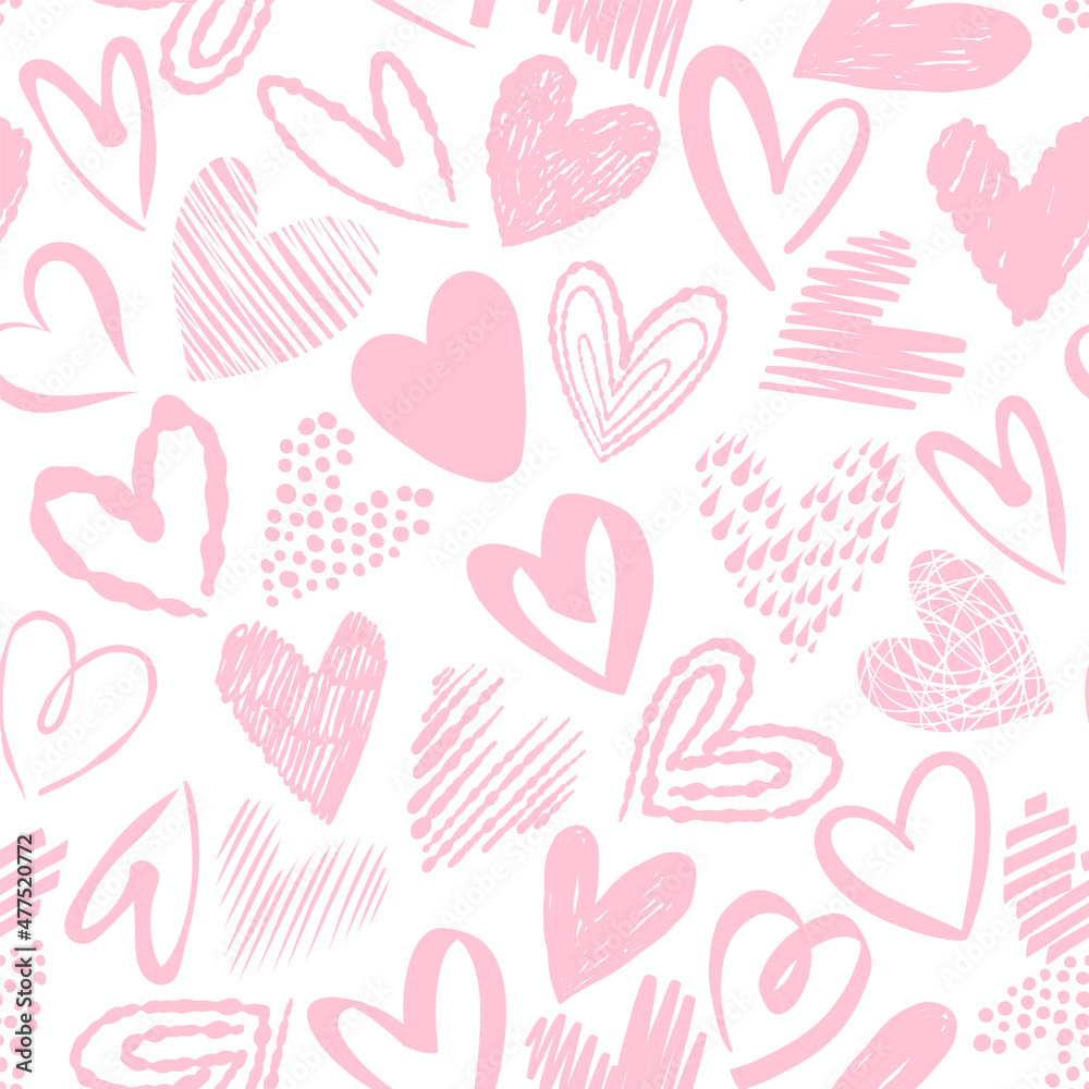 Simple pink hand drawn hearts. Love seamless pattern Simple pink hand drawn hearts. Love seamless pattern