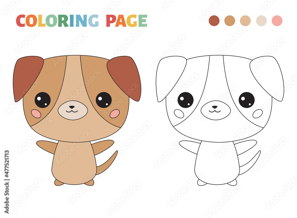 Educational children coloring page with cute dog. Cartoon kawaii style