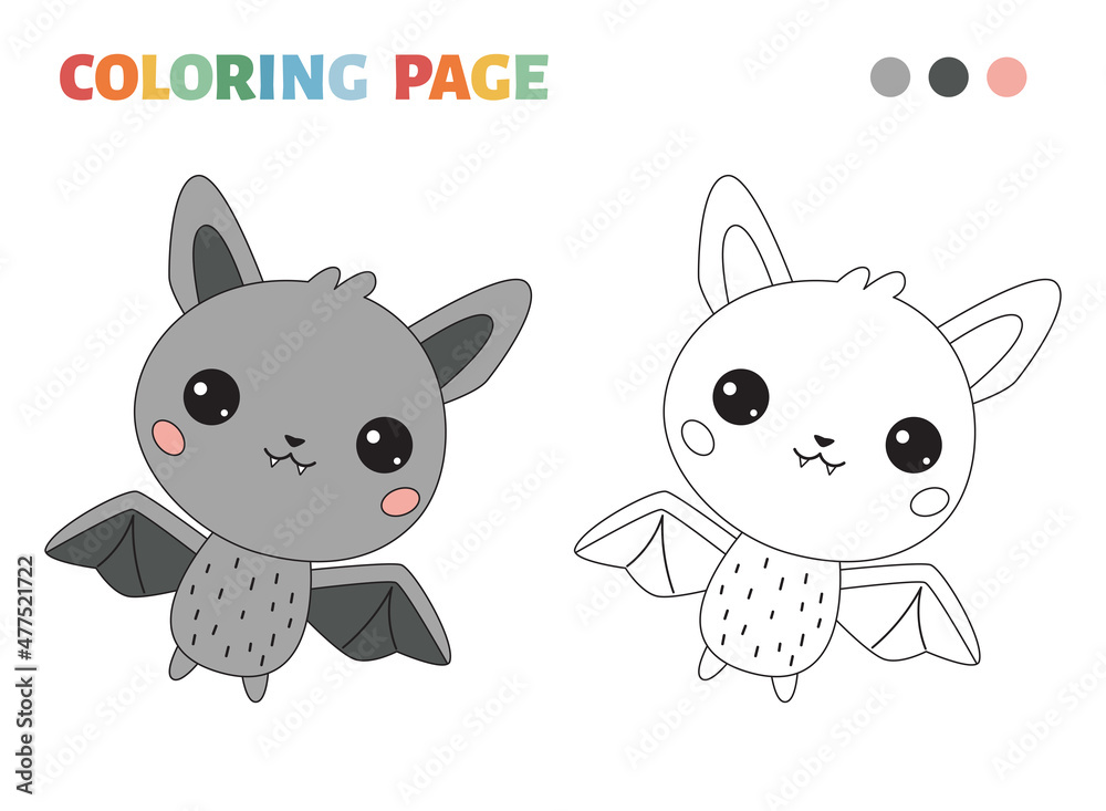 Educational Halloween coloring page with cute bat. Kawaii cartoon animal character. Black and white outline illustration. Colouring and colored designs.